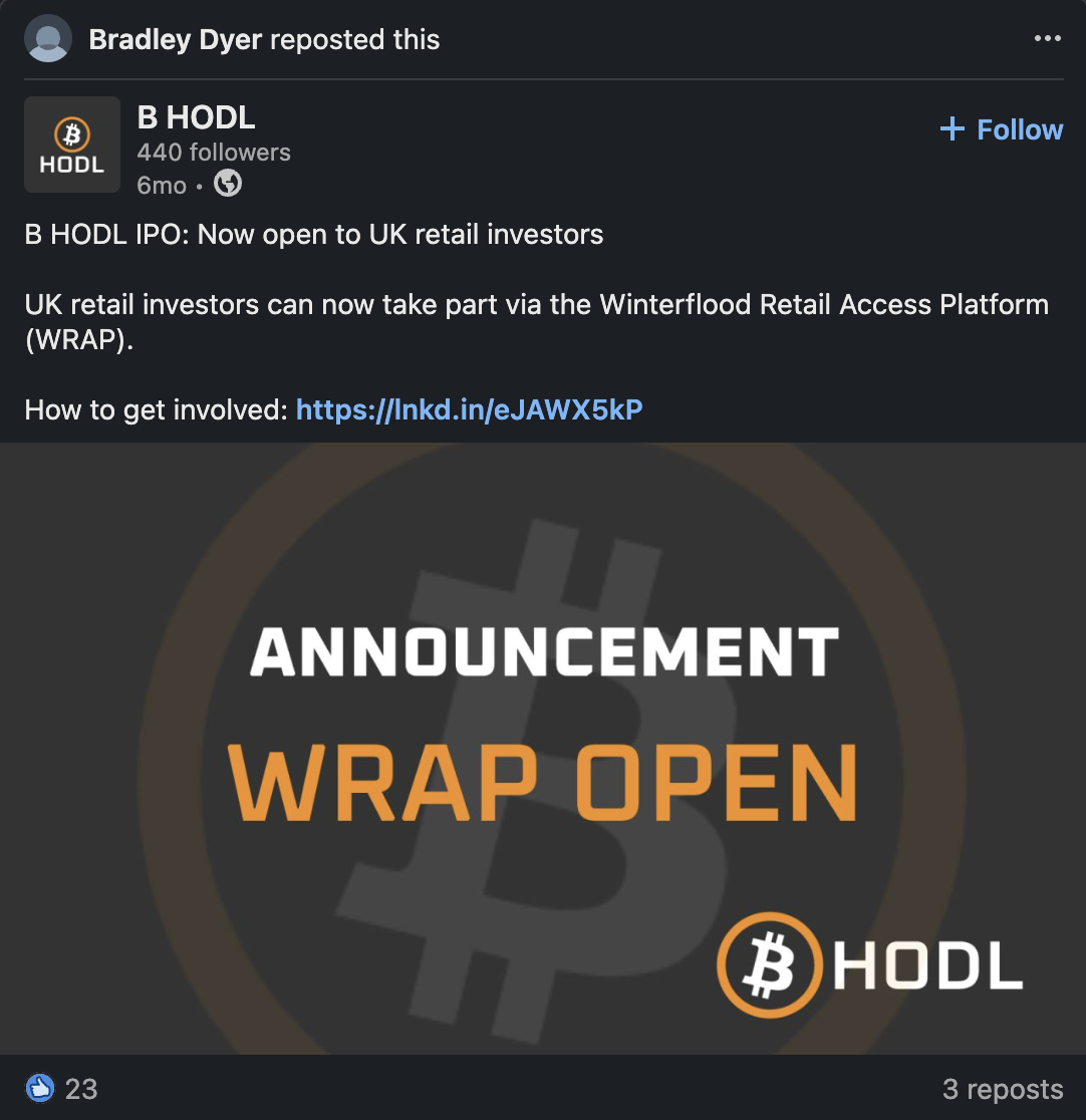 Bradley Dyer repost of B HODL WRAP announcement