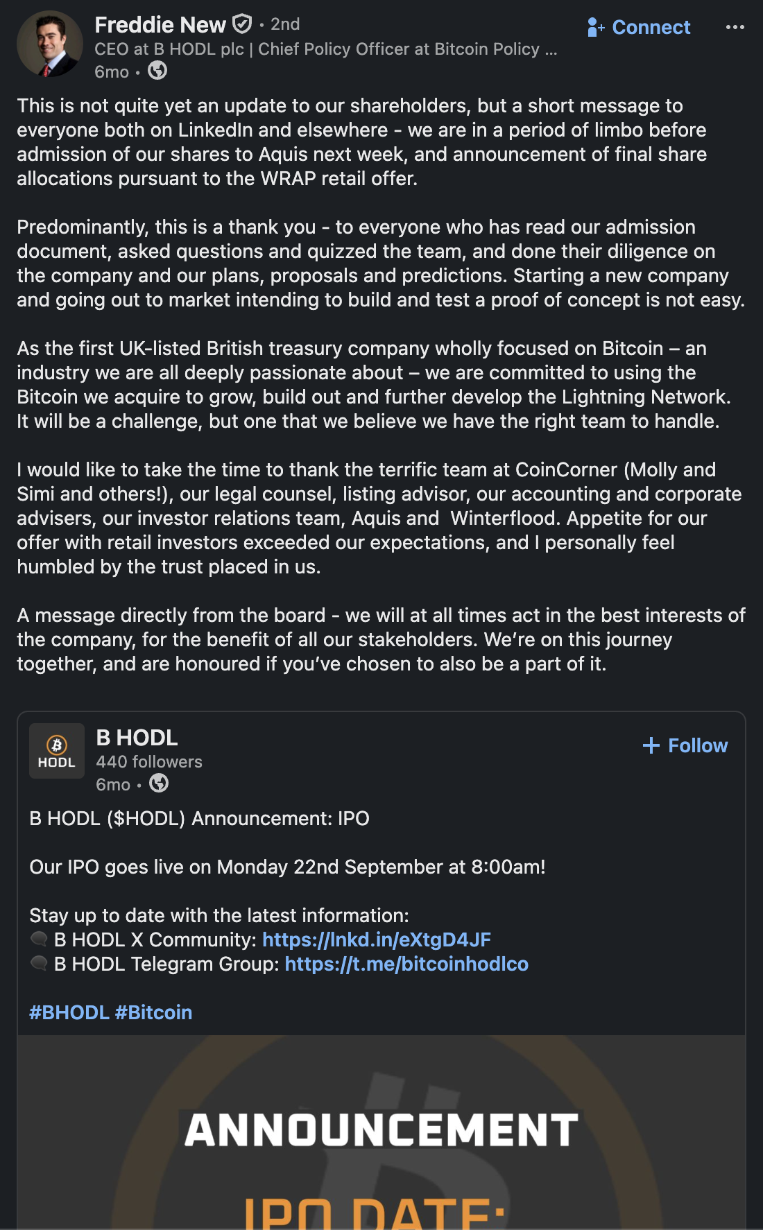 Freddie New LinkedIn post promoting B HODL WRAP offer