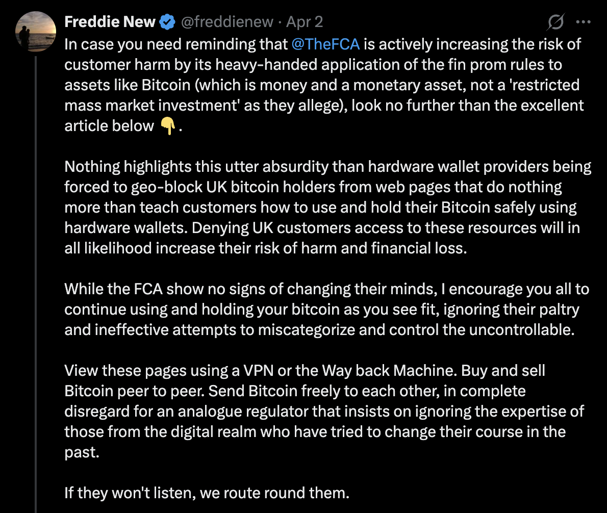 Freddie New tweet — route round the FCA