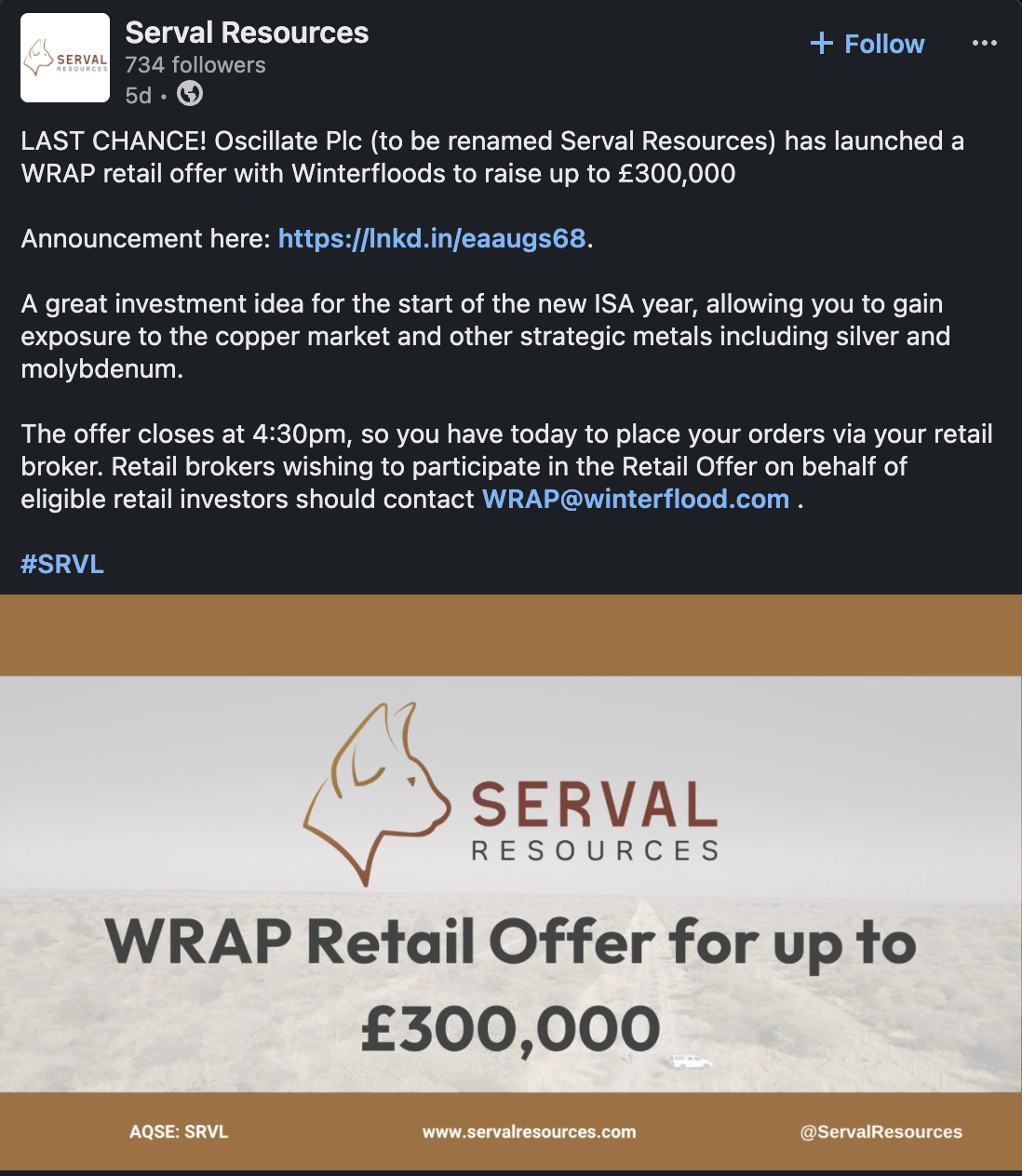 Serval Resources LinkedIn post