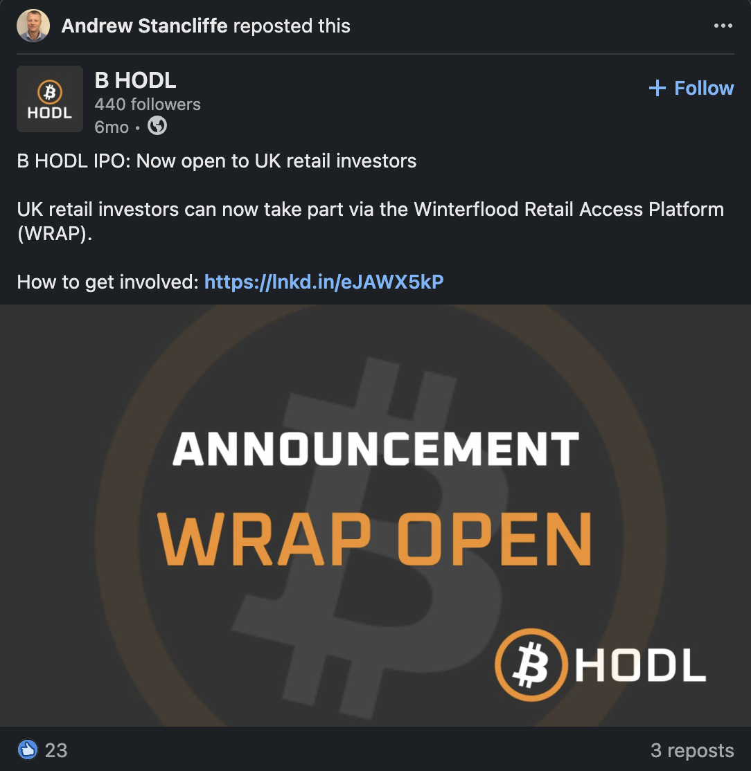 Andrew Stancliffe repost of B HODL WRAP announcement