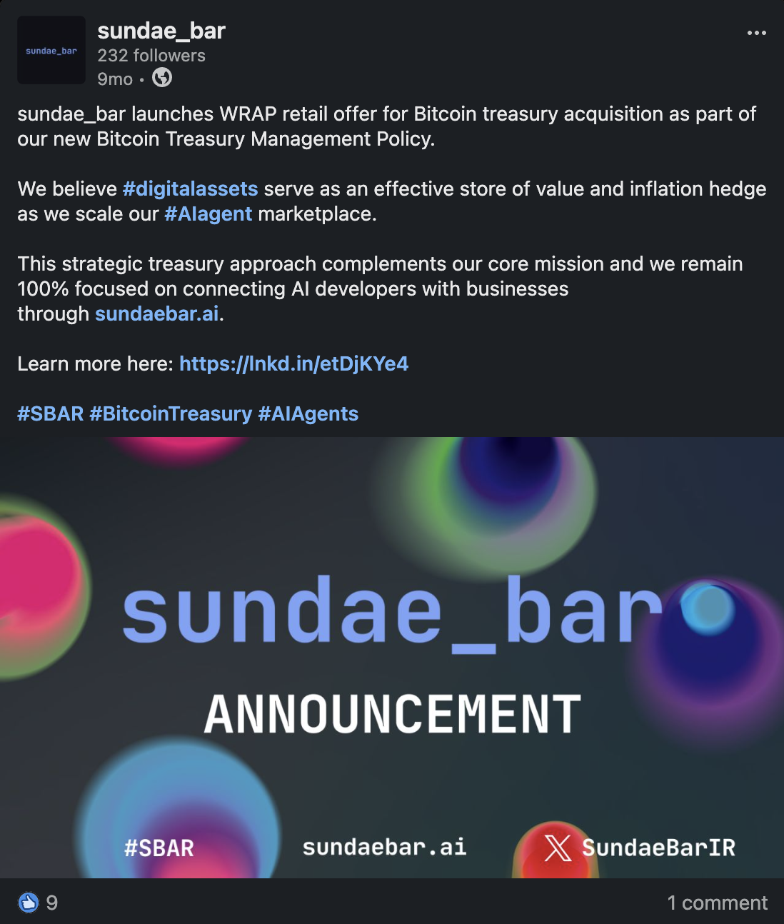 Sundae Bar LinkedIn post promoting WRAP bitcoin treasury offer