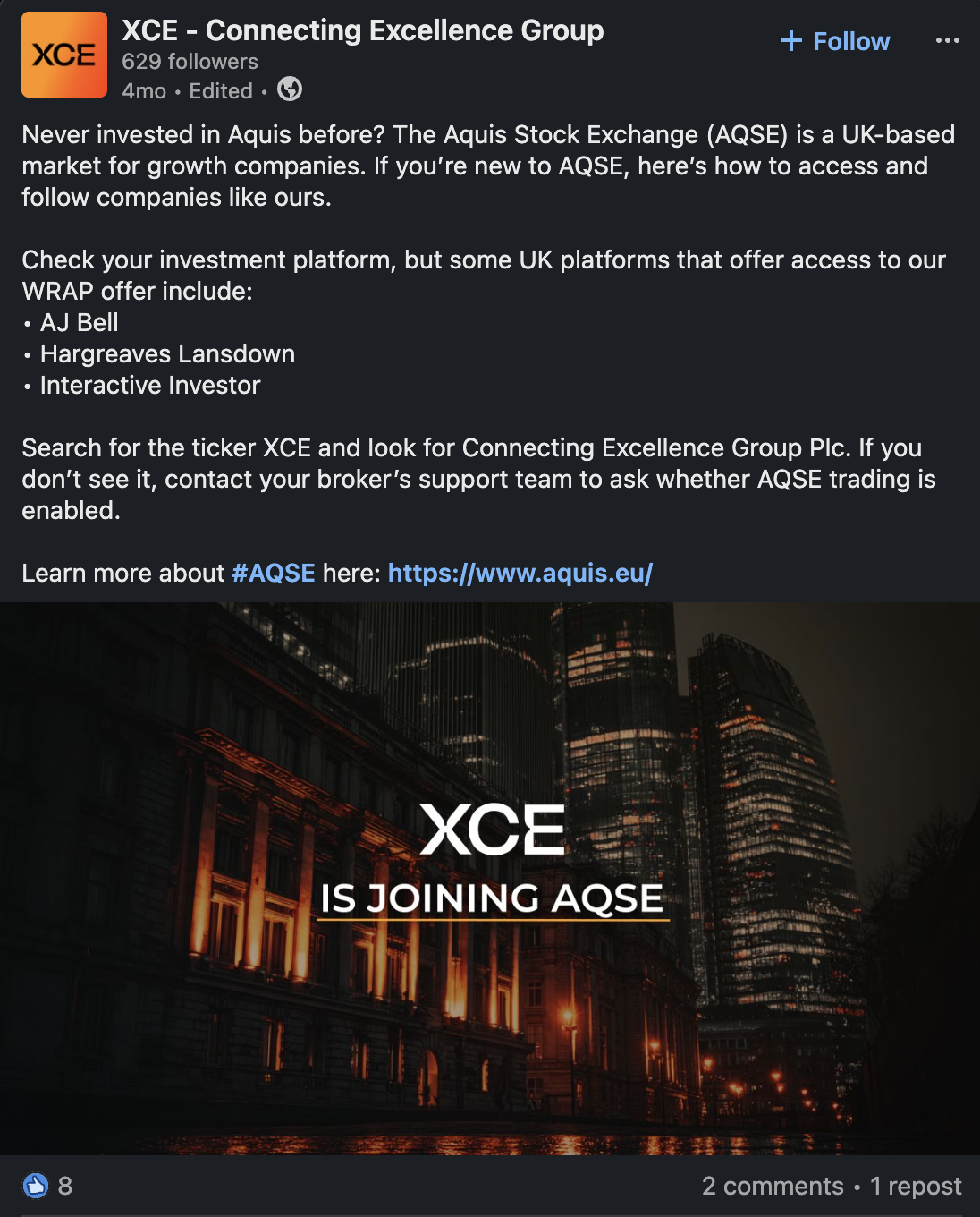 XCE LinkedIn post — how to buy on Aquis