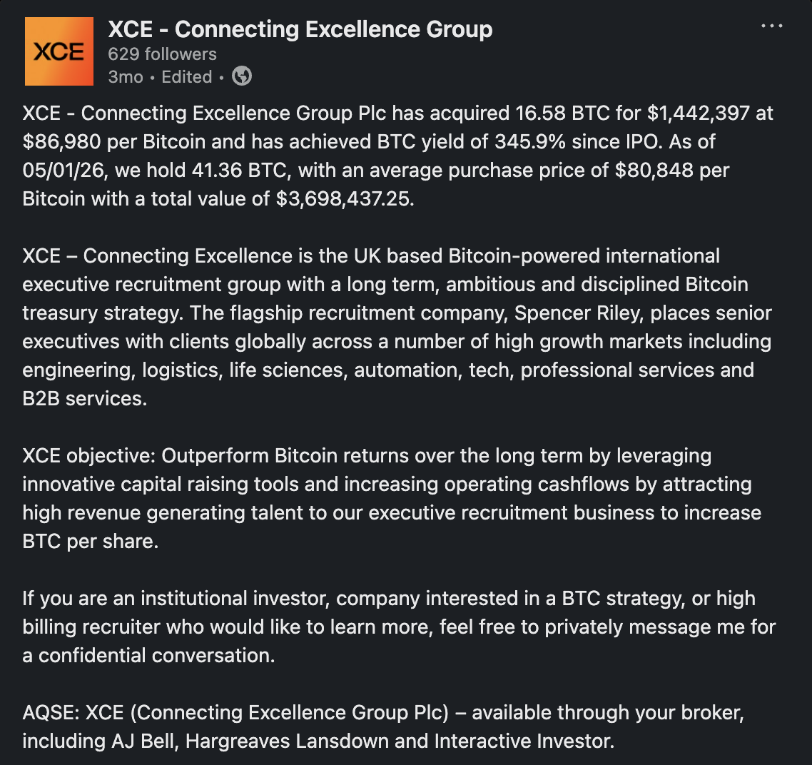 XCE LinkedIn post — outperform Bitcoin, broker naming
